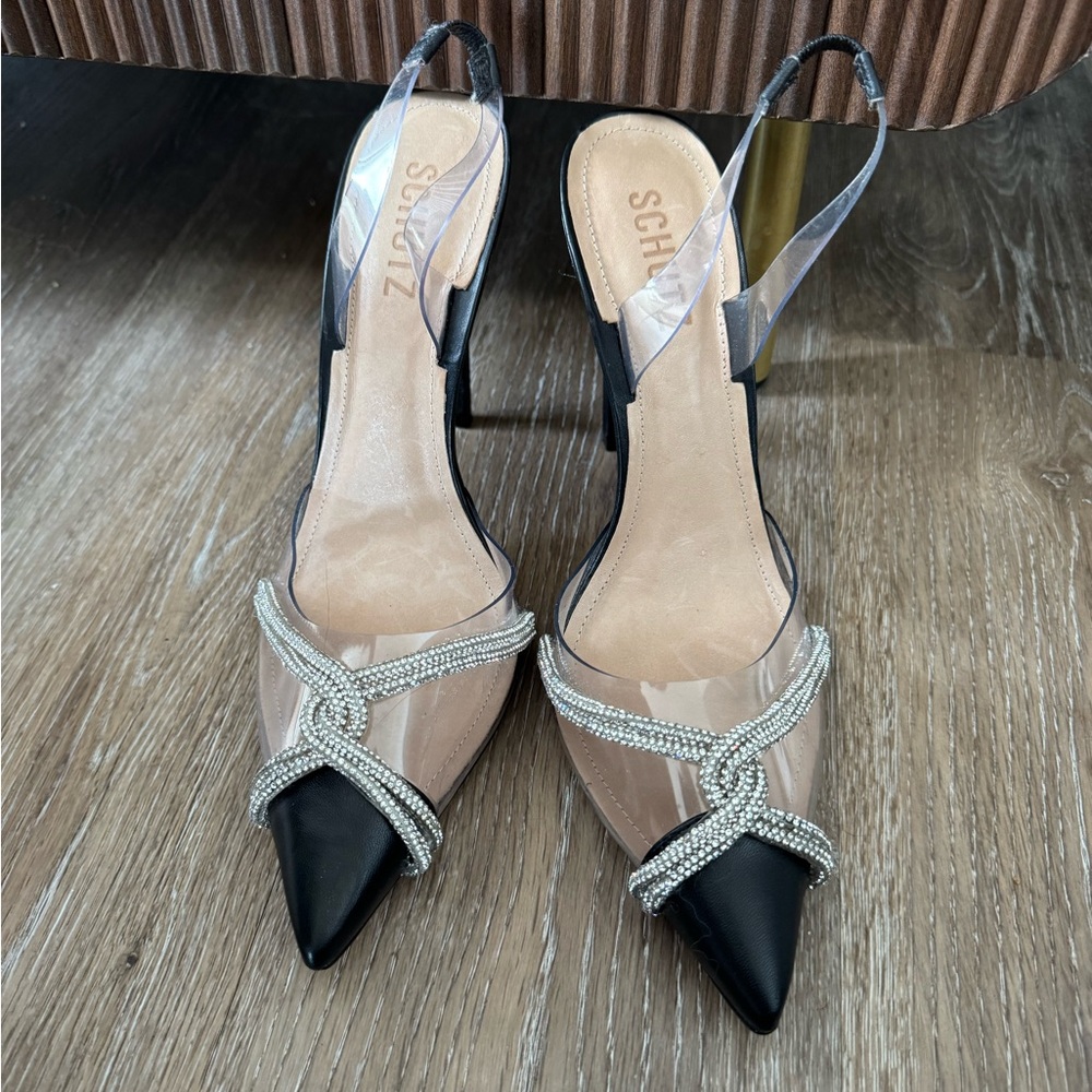Schutz Clear PVC Rhinestone Knot Heels Slingback Black Pointed Toe Pumps Size 9